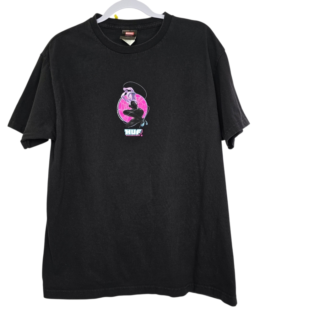 HUF x Spider-Man Marvel Men's Black graphic tee Sz L Streetwear Casual grunge